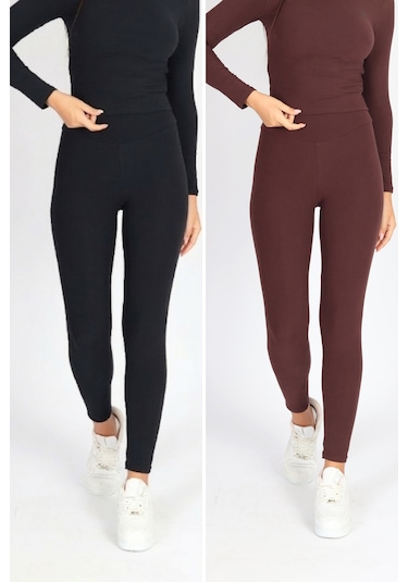 Soft&Basic Kadın 2'li Fit Toparlayıcı Ve Esnek Premium Kumaş Siyah-Kahverengi Tayt Siyah-kahverengi
