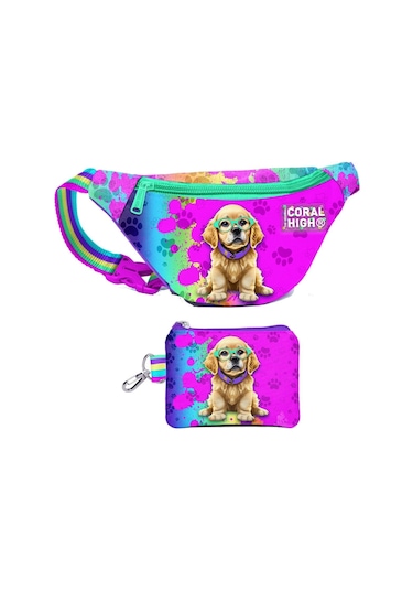 Coral High Kız Çocuk Mor Pembe Köpek Desenli Bel Çantası Ve Bozuk Para Cüzdanı Set Çok Renkli