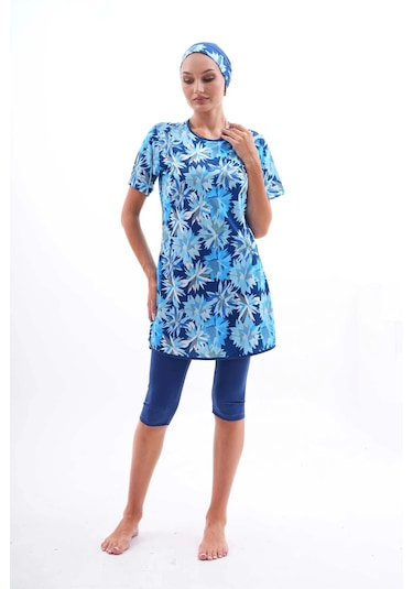 Aslınur Likralı Lacivert Desenli Yarı Kapalı Kadın Tesettür Mayo Lacivert - Mor