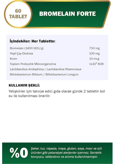 Nutraxin Bromelain Forte 750 mg 60 Tablet Krom Yeşilçay Probiyotik
