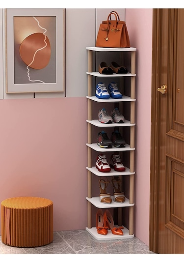 7 Katlı Ayakkabılık Yedi Bölmeli Ayakkabı Organizeri Dekoratif Ayakkabı Rafı Beyaz