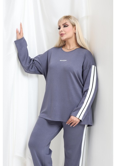 Kadın Büyük Beden Uzun Kollu Şerit Detaylı Oysho Tarzı Modal Kumaş Takım Gri