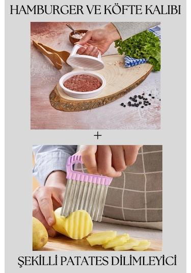 Rotanev Hamburger ve Köfte Kalıbı Şekillendirici Pratik Köfte Yapma Aparatı Ve Şekilli Patates Dilimleyici Çok Renkli