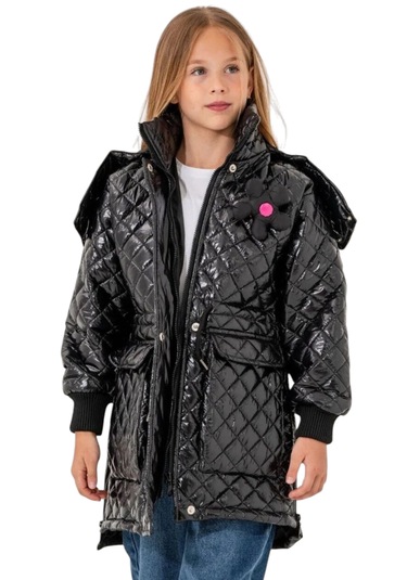 Kız Çocuk Kapitone Model Kapüşonu Çıkabilen İçi Astarlı Etek Kısmı Fermuarlı Parlak Siyah Renk Mont Siyah