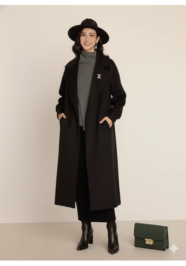 Kadın Siyah Kaşe Uzun Kaban Maksi Boy Palto Geniş Yakalı Düz Kesim Kışlık Siyah