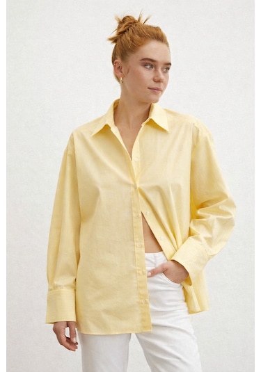 Modeva Global Minimalist Kesim Modern Duruşlu Düz Oversize Butter Sarısı Kadın Gömlek Butter Sarı