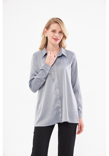 Klasik Saten Gömlek Gri Gri