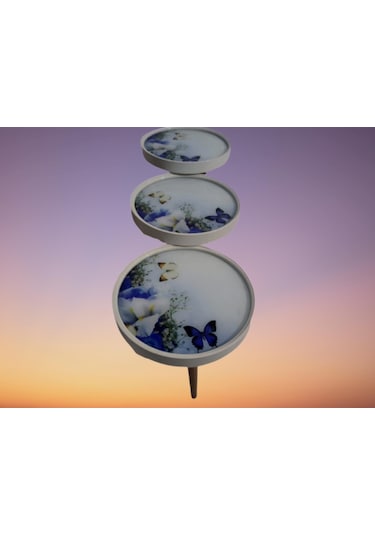 Zigon Sehpa Çember Mavi Kelebek Model Kayın Retro Parlak Ceviz 3