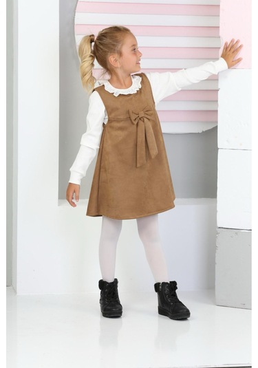 Kız Çocuk Süet Kumaş 2'li Elbise Elbise+bady Bluz 12177 Vizon