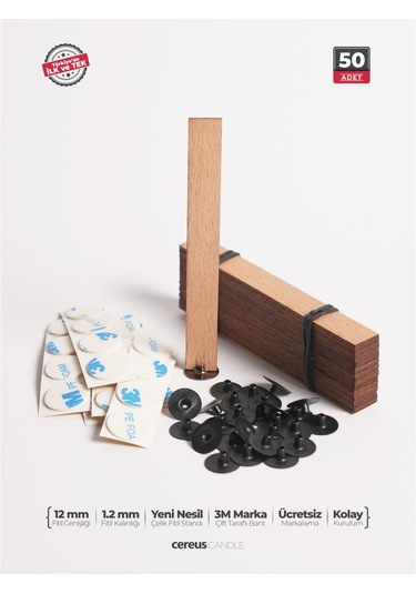 Ahşap Mum Fitili 12 Mm Genişlik Çelik Taban, 3m Köpük Bantlı, 50 Li Set Ahşap