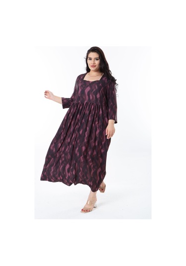 Kadın Büyük Beden Mürdüm Belden Büzgülü Kare Yaka Kapri Kollu Elbise 65n38247-mürdüm Mürdüm