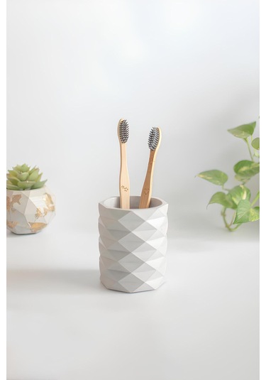 Dekoratif Geometrik Kalemlik Modern Beton Organizer Vazo Saksı Diş Fırçalık Ofis Düzenleyici Beyaz