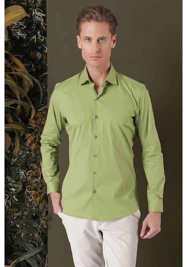 Gk 709 Slim Fit Açık Yeşil Klasik Gömlek Yeşil