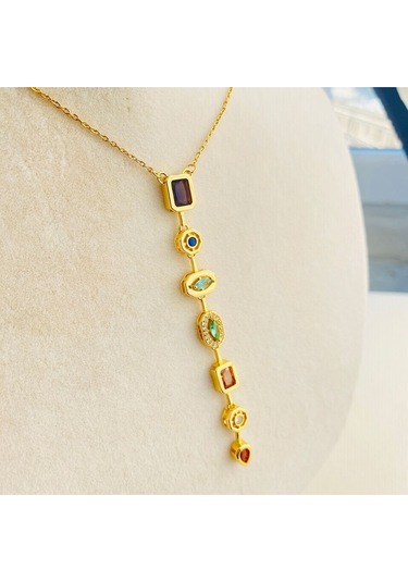 Renkli Taşlı Kolye Yedi Element Renkli Taşlı Y Kolye Çelik Gold Altın
