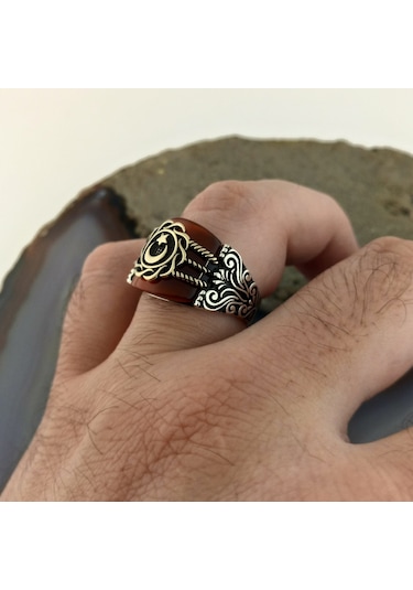 Fkgümüş Akik Taşlı Ay Yıldız Erkek Yüzük