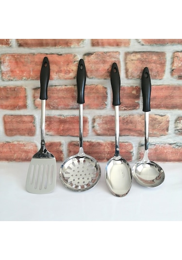 Paslanmaz Çelik Kaşık Kepçe Kevgir Spatula Servis Seti 4'lü