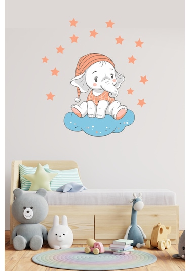 Bulutta Oturan Sevimli Fil ve Yıldızlar Çocuk Odası Duvar Sticker