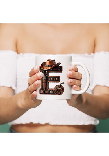 E Harfi Kovboy Temalı Bardak 330 Ml İsim / Harf Kişiye Özel Hediye - Vahşi Batı Konsept Beyaz