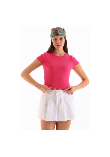 Kadın Likralı Kısa Kol Crop Bluz Pembe