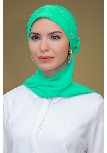 Su Yeşili Pratik Hazır Geçmeli Tesettür Bone Sandy Kumaş Güllü Iş Su Yeşili