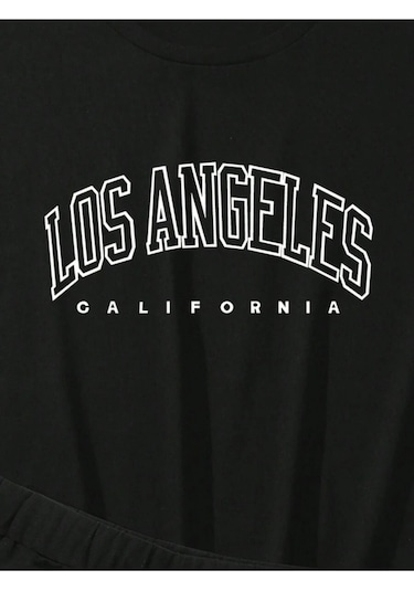 Harmandar Kadın Los Angeles Baskılı T-shirt Şort Takım Siyah-siyah