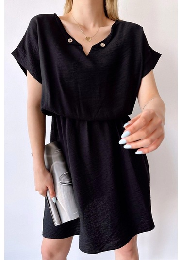 Kadın Siyah Kısa Kol, Kalp Yaka, Dokulu Desen, Bele Oturan, Aerobin Lastikli Bel Midi Elbise Siyah