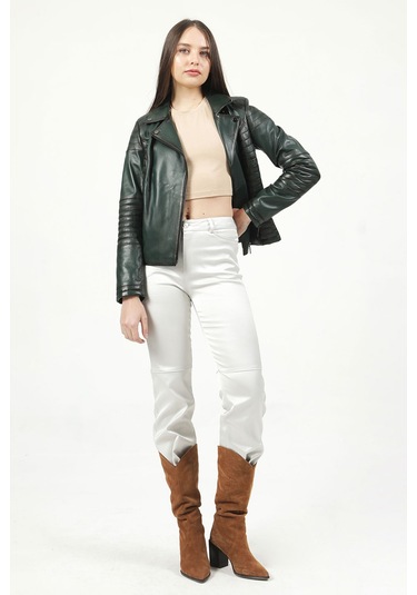 Dericlub Yb-2164 Gerçek Deri Kadın Mont Yeşil