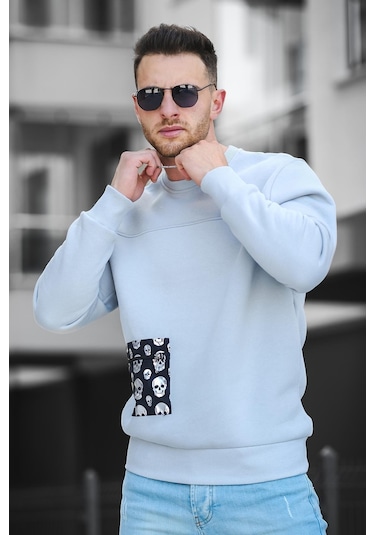 Trc 2173 Üç İplik Şardonlu Kuru Kafa Baskılı Cep Detaylı Erkek Sweatshirt 001