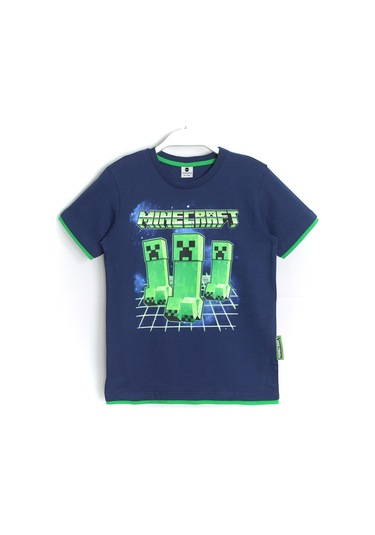 Biye Detaylı Erkek Çocuk Minecraft Creeper Baskılı T-Shirt Lacivert