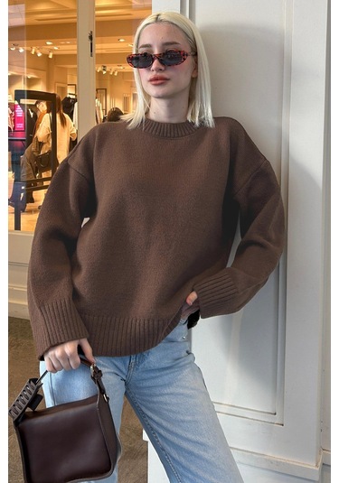 Kahverengi Bisiklet Yaka Oversize Triko Kazak Mg1972 Kahverengi