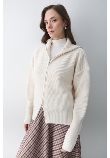 Krem Çift Fermuarlı Hırka - 251080 Krem