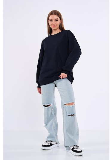 Comeor Lacivert Kadın Pamuklu Oversize Basic Bisiklet Yaka Sweatshirt 001