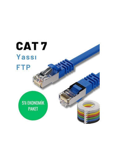 5 Adet 3 Metre, Mavi Cat7 Yassı Ftp Ethernet Network İnternet Kablosu