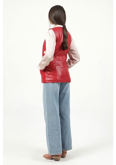 Dericlub Yb-2017 Gerçek Deri Kadın Yelek Kırmızı