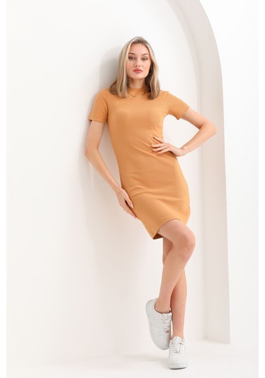 Kallima Hardal Vücuda Oturan Kısa Kollu Mini Fitilli Esnek Elbise Hardal
