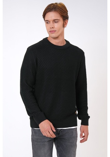 Siyah Regular Fit Yünlü Örgü Desenli Bisiklet Yaka Triko Kazak-siyah Siyah