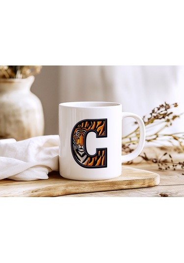 C Harfi Kaplan Figürlü Nakış Desenli Kupa Bardak - Kişiye Özel Vahşi Hayvan Desenli Kupa - Hediye Beyaz