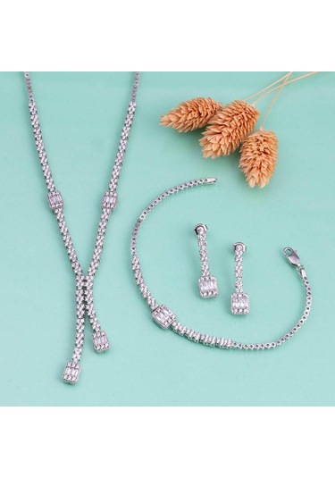 Gümüş Pazarım Baget Taşlı Rodyum Kaplama Su Yolu 925 Ayar Gümüş Düğün Set Gümüş