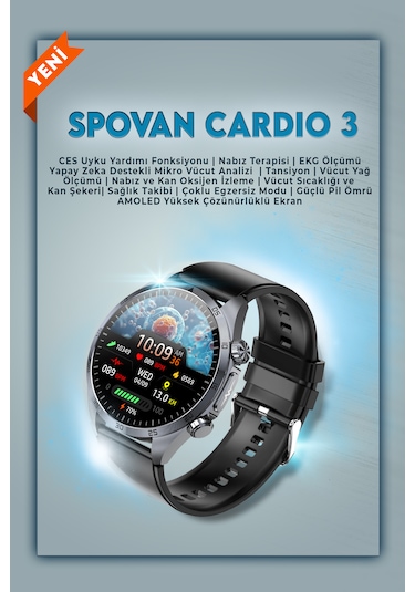 Spovan Cardio 3 EKG Tansiyon Analiz Şeker AI Akıllı Saat (Distribütör Garantili)