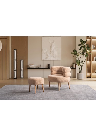 Barel Özel Tasarım Çay Seti, Berjer Ve Puf Ofis Balkon Cafe Bahçe Salon Mobilyası 2 Li Takım Bej Bej