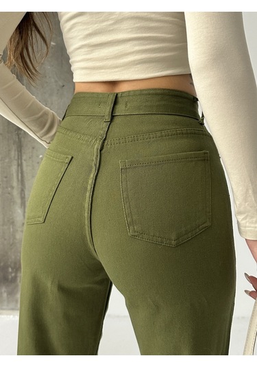 Kadın Yüksek Bel Keten Boyfriend Bol Paça Haki