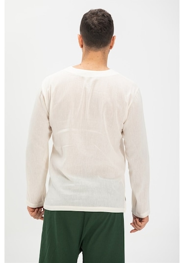 Uzun Kol Şile Bezi Zımbalı Erkek Tshirt Krem 3002