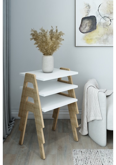 Azra - 3 Lü Zigon Sehpa Takımı Atlantik Çam -modern Ve Fonksiyonel / Orta Sehpa / Dekoratif Beyaz
