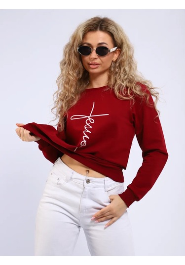 Bakr Textil Baskılı, İçsiz, Kapüşonsuz Oversize Sweatshirt 446720688 Bordo