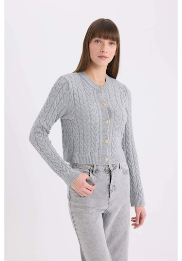 DeFacto Regular Fit Bisiklet Yaka Saç Örgülü Düğmeli Hırka C9044AX25SPGR400 Gri