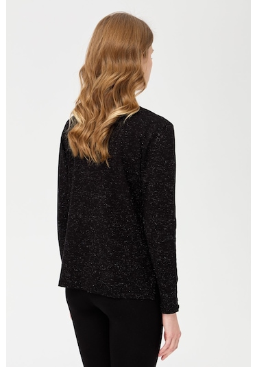 Kadın V Yaka Kolları Düğmeli Simli Bluz Siyah Siyah