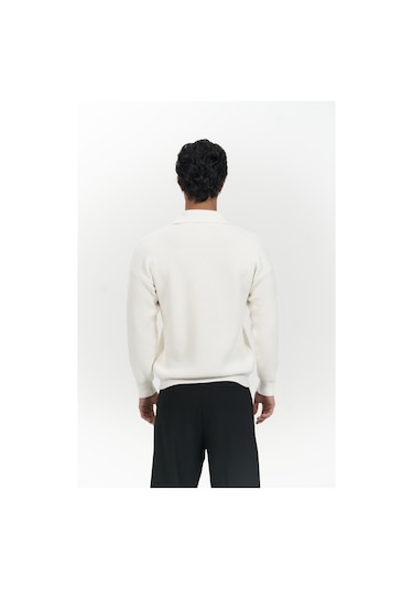 Oberon Polo Yaka Yarım Fermuarlı Ekru Erkek Triko Kazak Ekru