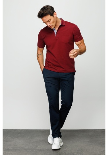 Erkek Polo Yaka Düğmeli Cepli T-shirt Bordo Bordo