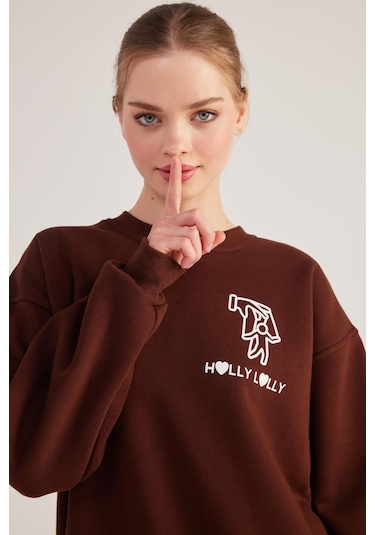 Holly Lolly Oversize Kesim Unisex Gaslighting Sweatshirt Kahve