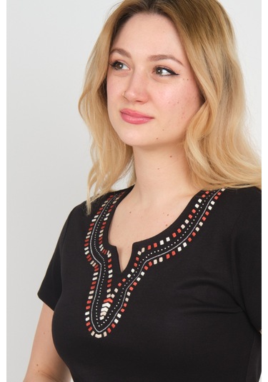 Ella Camelia Kadın Açma Yaka Taşlı Ve Desenli Pamuklu Bluz 23e010 Siyah Siyah